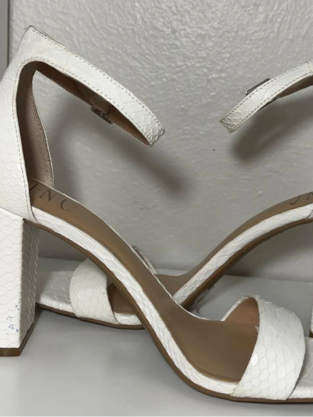 INC International Concepts White Textured Ankle-Strap Block Heels